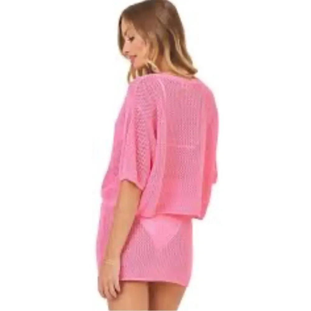$99 l*space Coast is clear pink crochet beach coverup top NWT XL - Picture 5 of 14